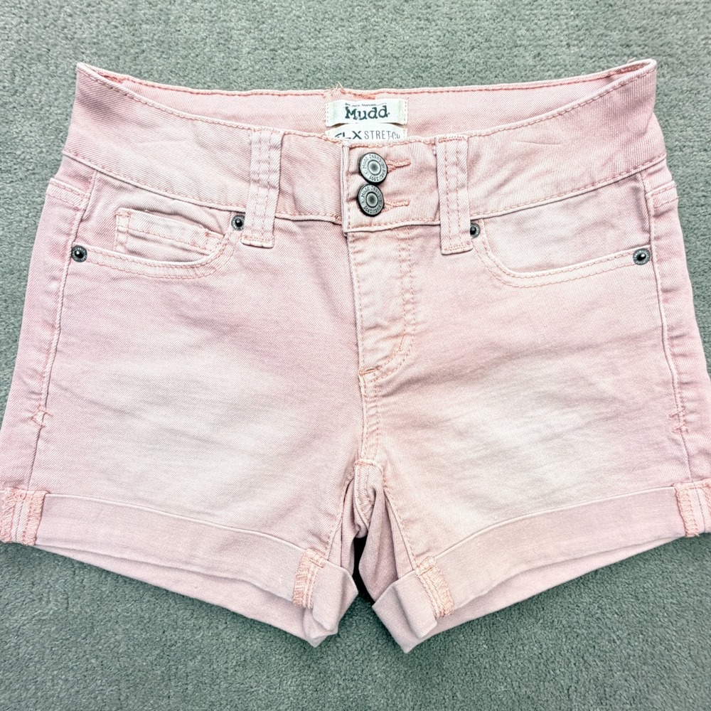 Mudd FLX Stretch Denim Womens Size 1 Jean Shorts Faded Pink Embellished Pockets